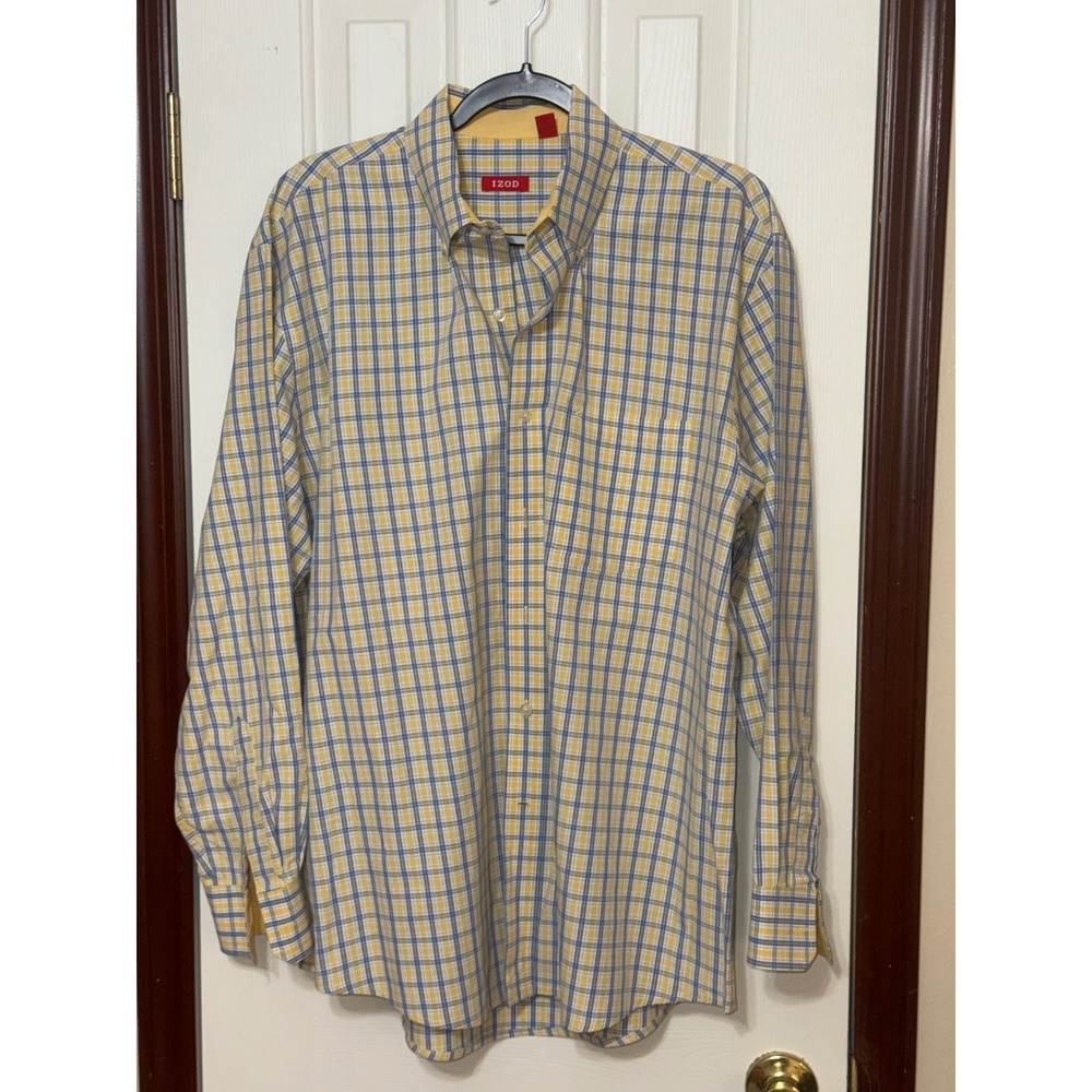 IZOD Plaid Button Down Shirt‎ Mens Large Long Sleeve Casual Yellow Blue